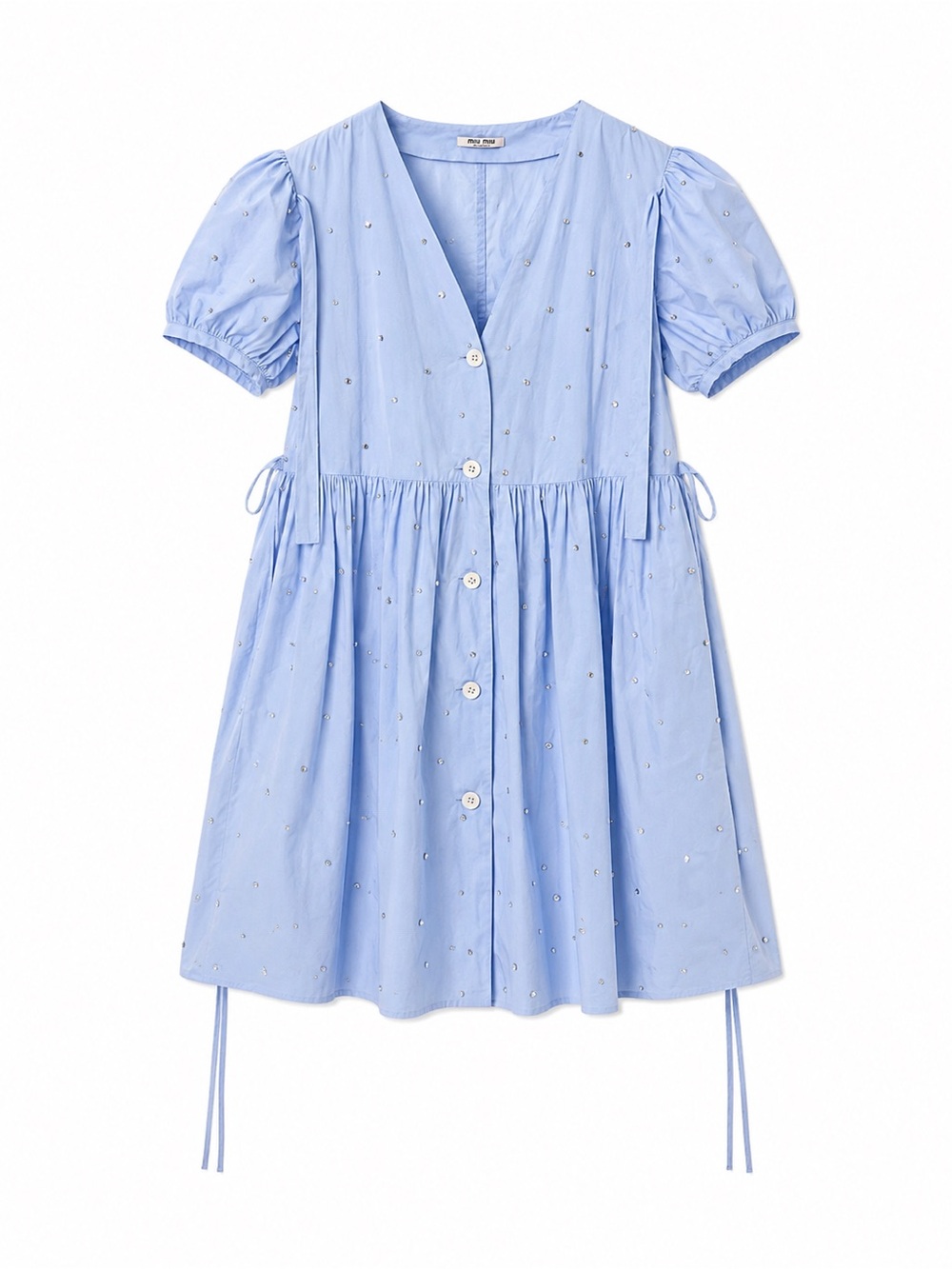 🚩steal Miu Miu Powder Blue Eyelet Button-Front Puff Sleeve Dress